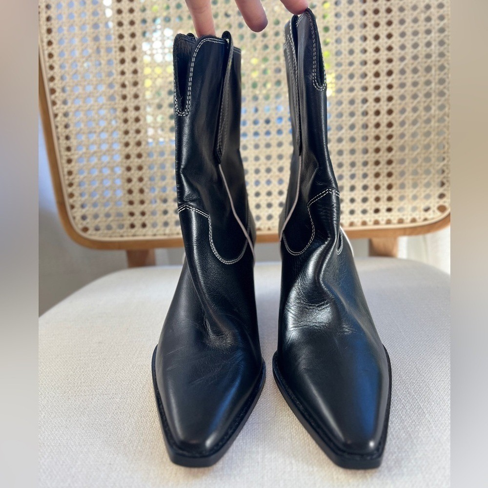 Zara Black Leather Western Boots Sculptural Wedge Heel Sz 7 SRPLS - Picture 7 of 11